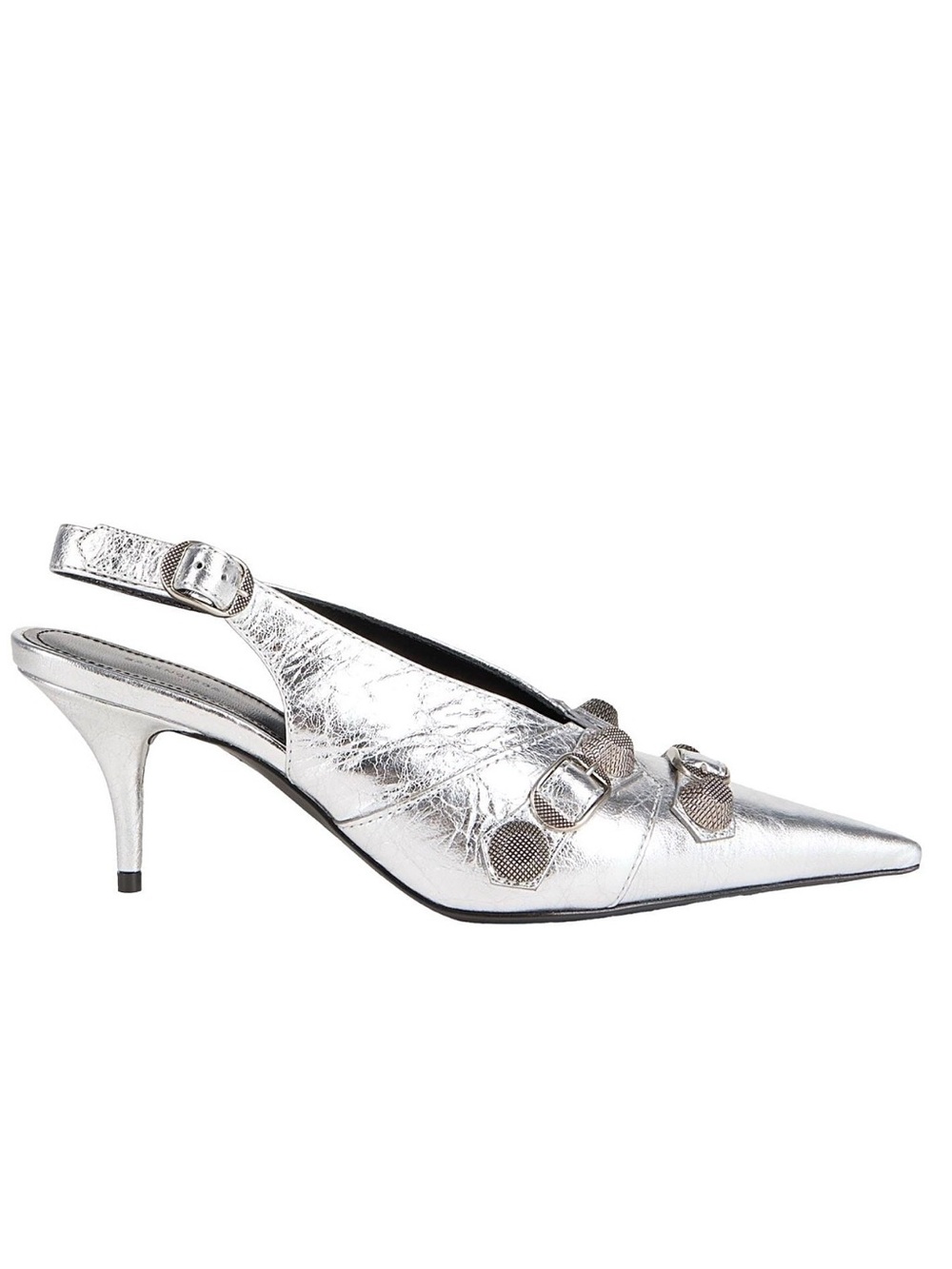 Balenciaga Metallic Silver Cagole 70 Pointed Leather Iconic Slingback Heels